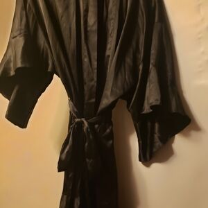 Victoria's Secret Black Satin Kimono-Style Robe with Waist Tie